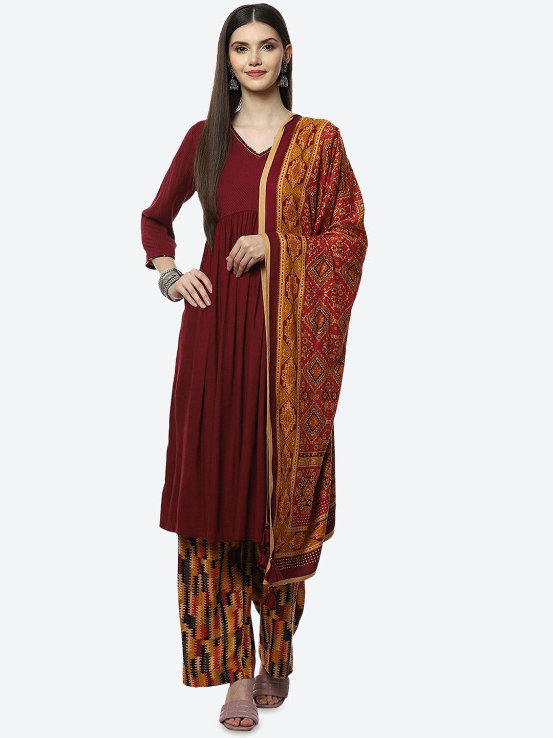 Biba Women Maroon Kurta with Trousers & With Dupatta - Distacart