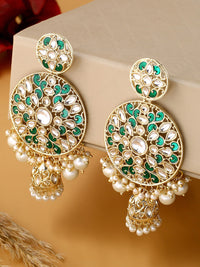 Thumbnail for Shoshaa Green & Gold-Plated Kundan Studded Contemporary Jhumkas Earrings - Distacart
