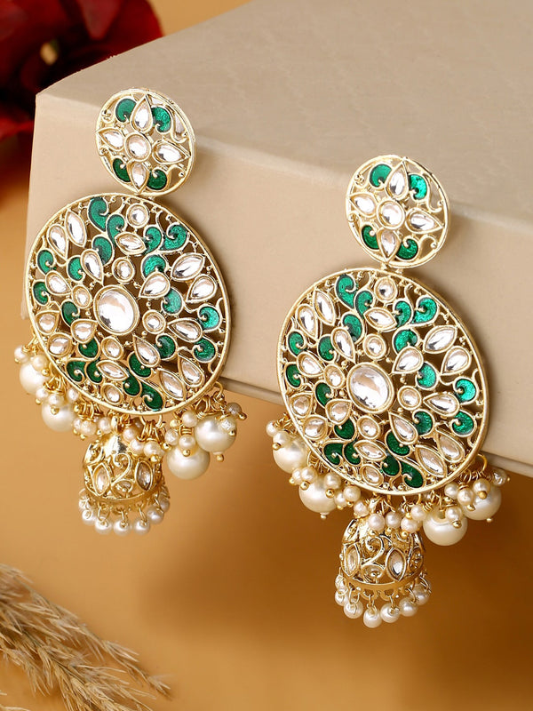 Shoshaa Green & Gold-Plated Kundan Studded Contemporary Jhumkas Earrings - Distacart