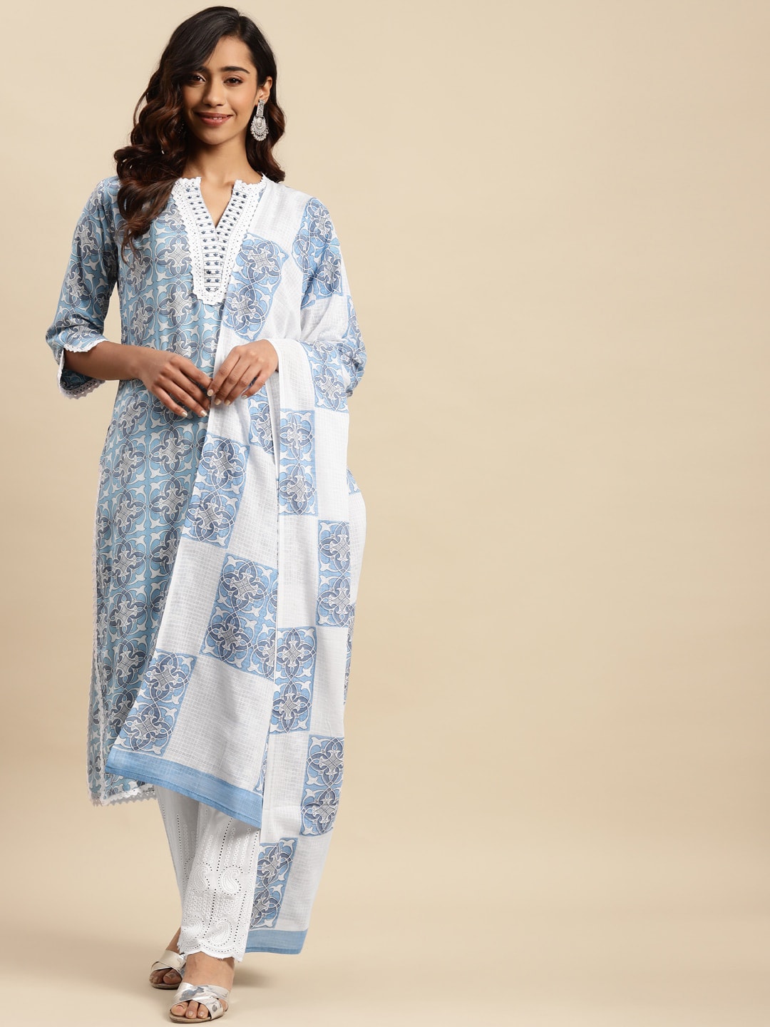 Sangria Blue Ethnic Motif Printed Pure-Cotton Straight Kurta With Trouser & Dupatta - Distacart
