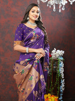 Thumbnail for Lorenvalley Fashion Purple Soft Paithani Silk Woven Design Copper Zari Meenakari Weaving Saree - Distacart