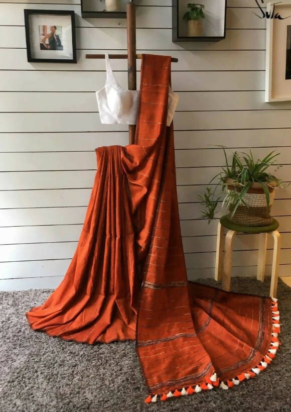 Exclusive Collection Khadi Cotton Handloom Khesh Saree With Blouse Piece - Rust - Distacart