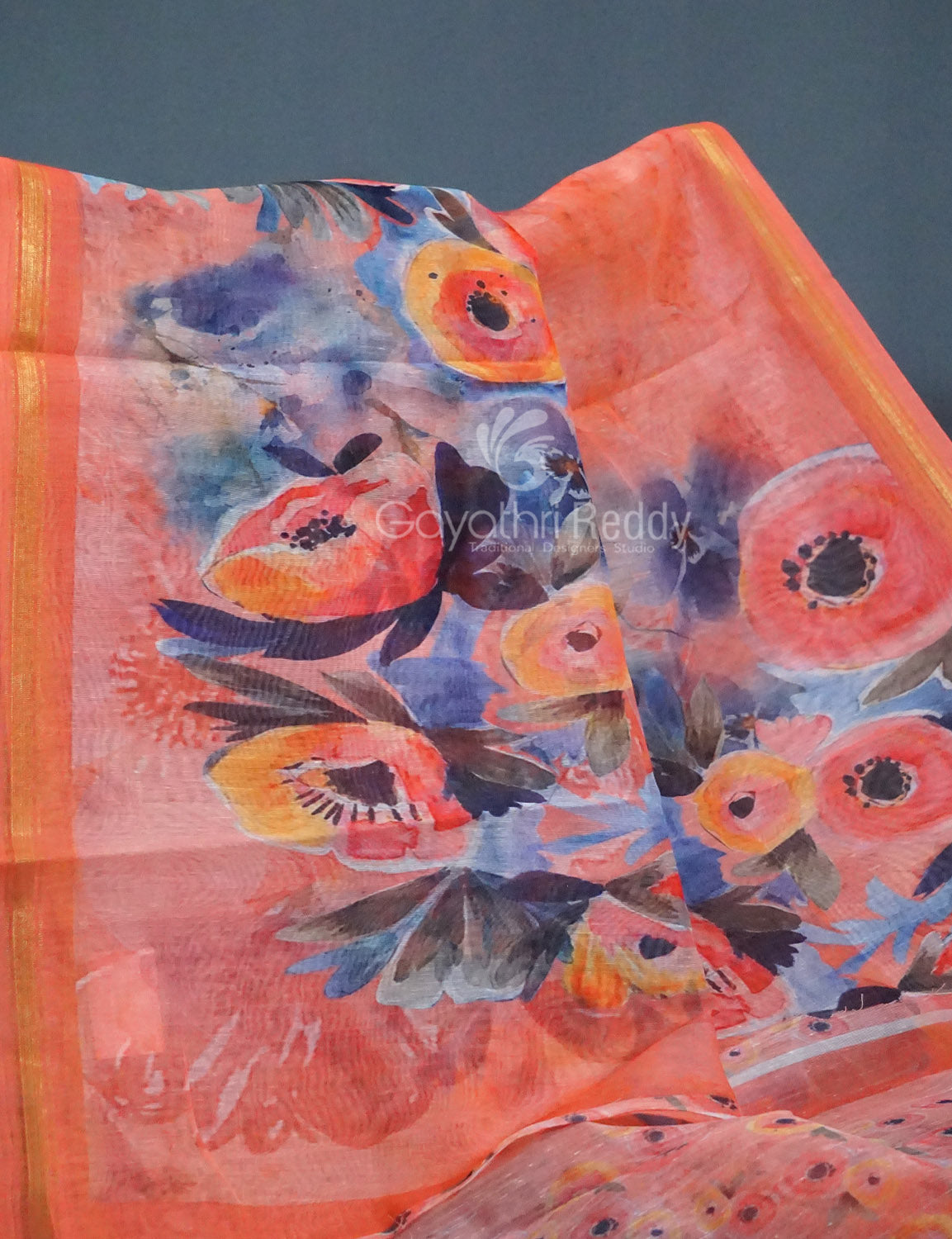 Shades of Tomato Pink Floral Print Semi Chanderi Saree By Gayathri Reddy Designer Studio - Distacart