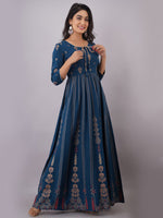 Thumbnail for Kalini Woman Navy Blue Ethnic Motifs Printed Keyhole Neck Floral Anarkali Kurta - Distacart