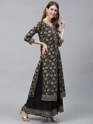 Ishin Women Black & Beige Gotta Patti Floral Foil Printed High Slit Kurta Set - Distacart
