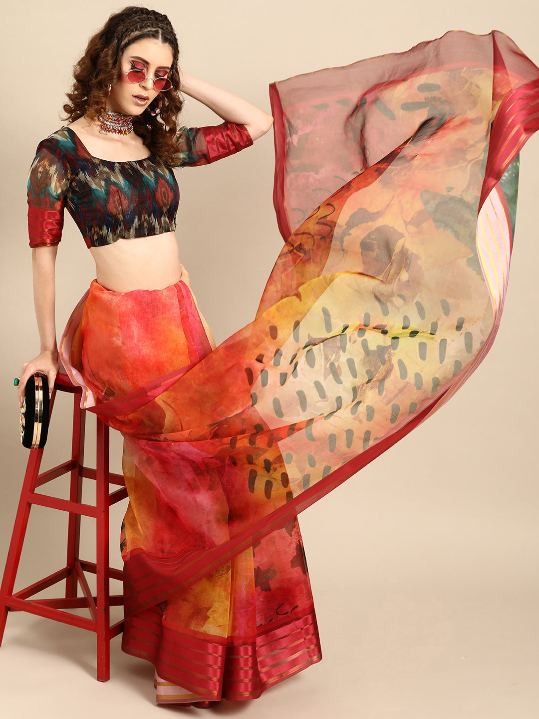 Saree Mall Red & Black Organza Printed Saree - Distacart