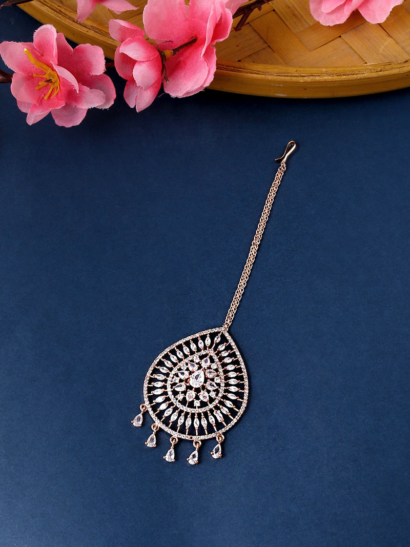 Yellow Chimes Rose Gold-Plated Ad Stone-Studded Maang Tikka - Distacart