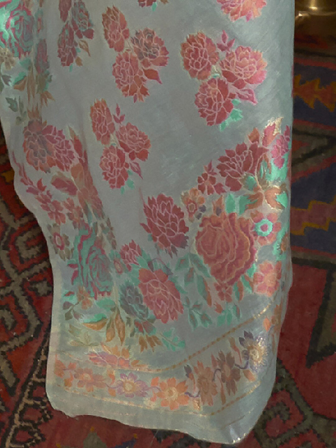 Mitera Turquoise Blue & Pink Floral Zari Silk Blend Banarasi Saree - Distacart