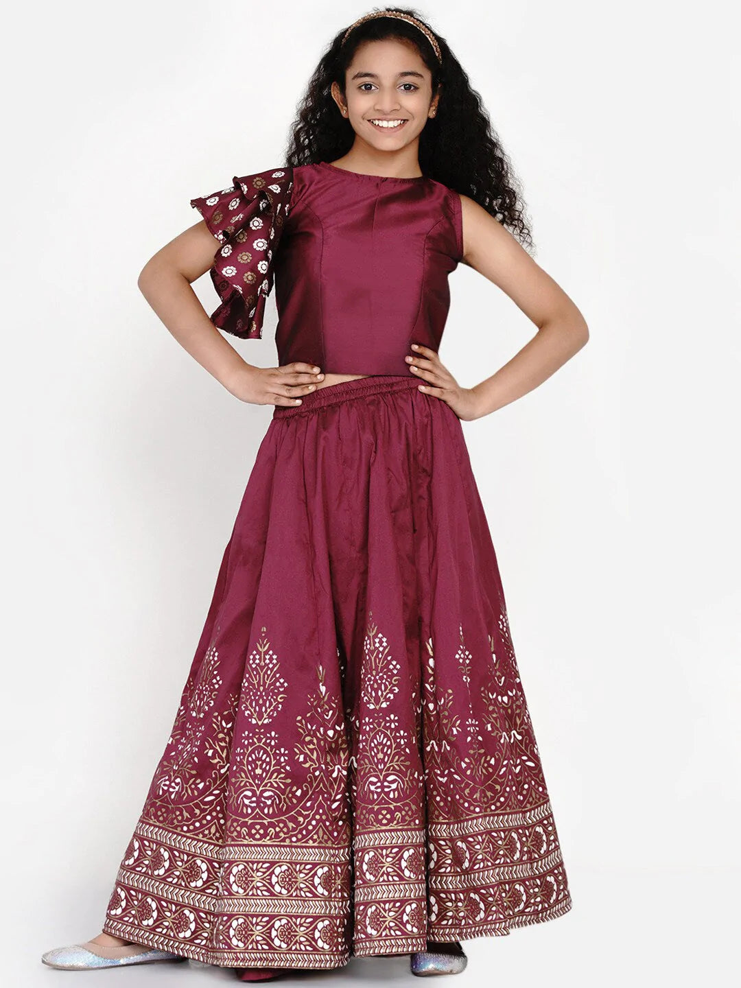NOZ2TOZ Burgundy & White Block Print Ready to Wear Lehenga With Choli For Girls - Distacart