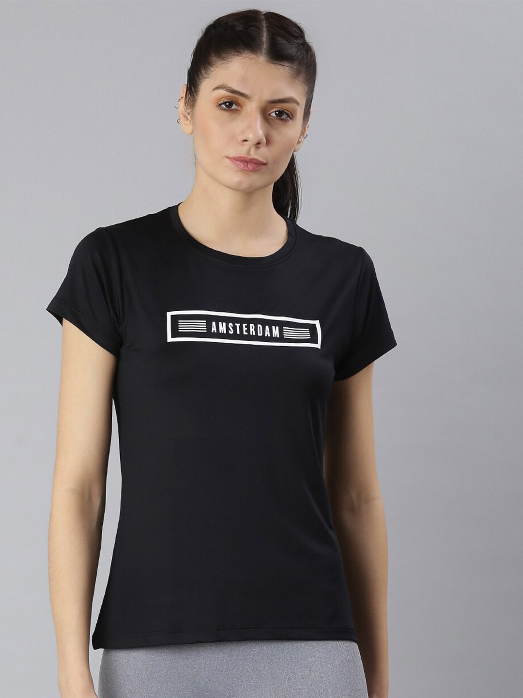 MKH Women Black Typography Printed Round Neck Dri-FIT T-shirt - Distacart