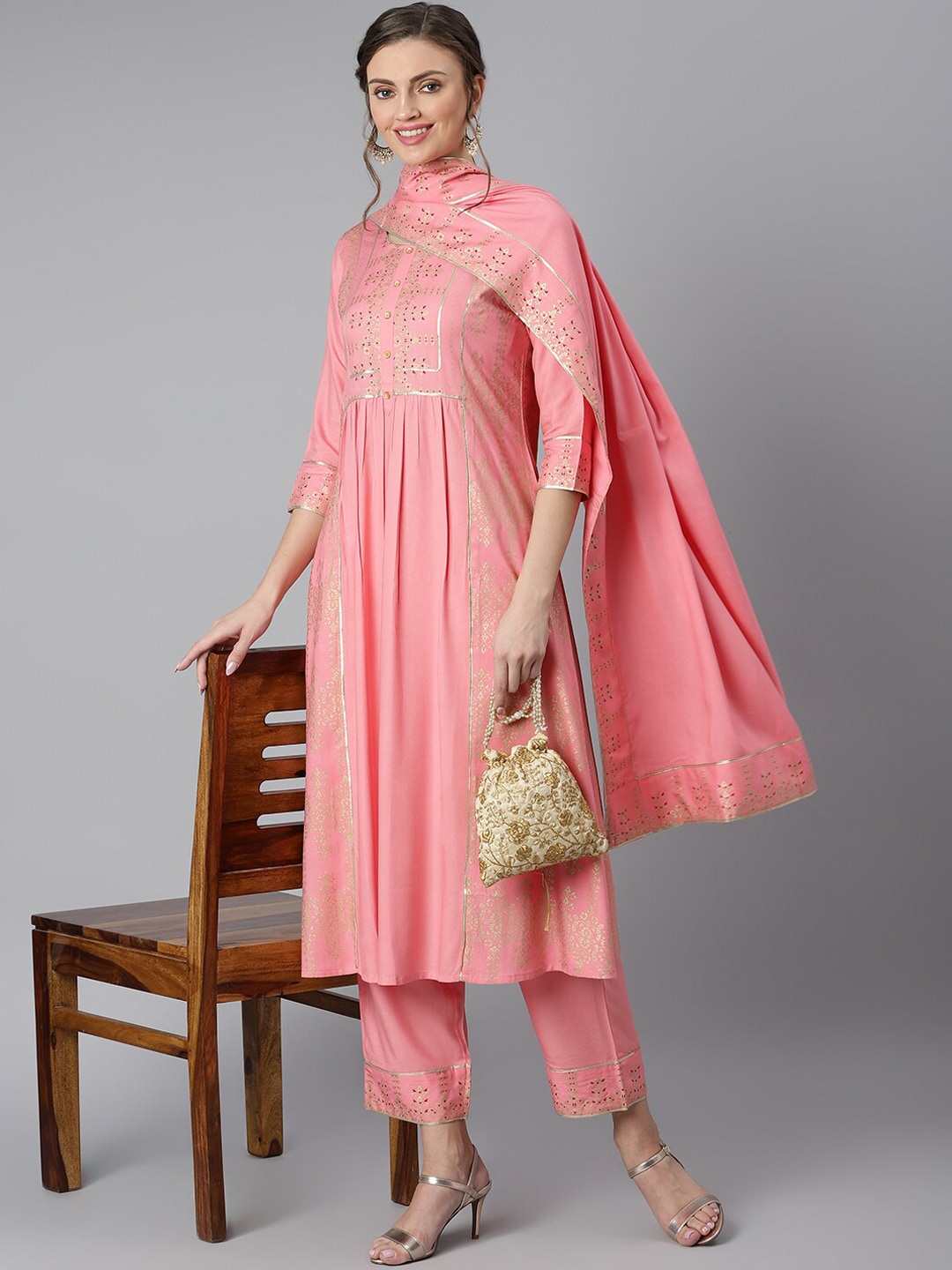 Khushal K Women Pink & Golden Ethnic Motifs Printed Kurta with Trousers & Dupatta - Distacart