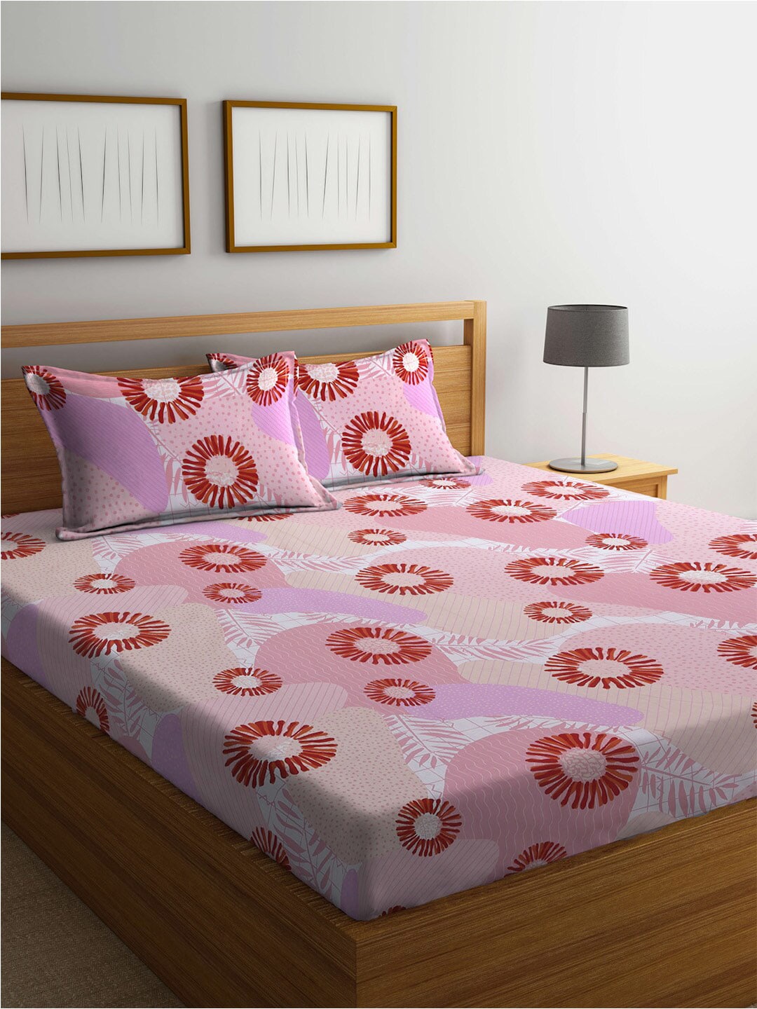 BOMBAY DYEING Serenita Pink Printed Cotton 144 TC Queen Bedsheet with 2 Pillow Covers - Distacart