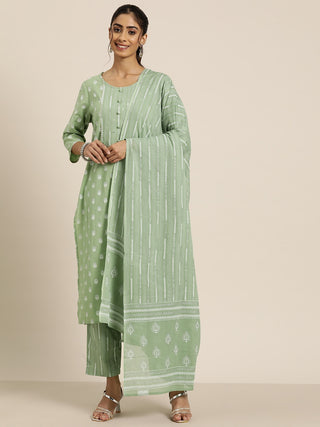 HERE&NOW Women Printed Regular Pure Cotton Kurta with Palazzos & Dupatta - Distacart