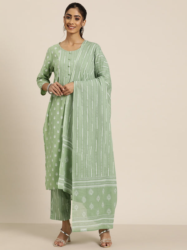 HERE&NOW Women Printed Regular Pure Cotton Kurta with Palazzos & Dupatta - Distacart