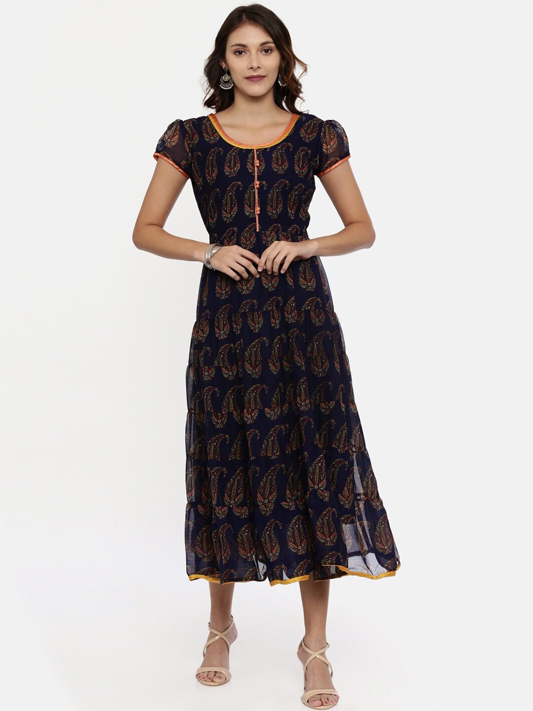Souchii Navy Blue Printed Fit and Flare Dress - Distacart
