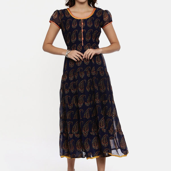 Souchii Navy Blue Printed Fit and Flare Dress - Distacart