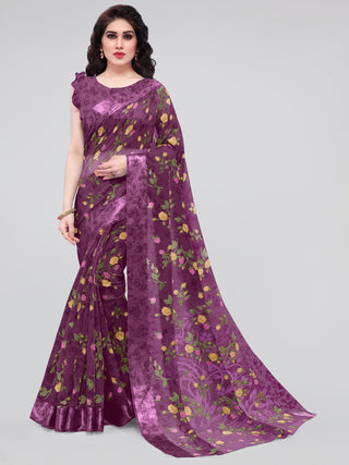 Kalini Purple & Green Floral Printed Designer Bagh Saree - Distacart