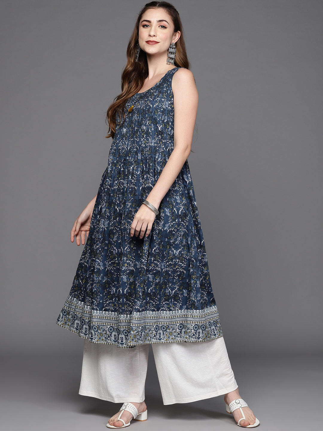 Biba Women Navy Blue & White Ethnic Motifs Printed Anarkali Cotton Kurta - Distacart