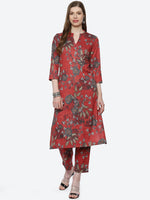 Thumbnail for Biba Women Maroon Floral Printed Kurta with Trousers - Distacart