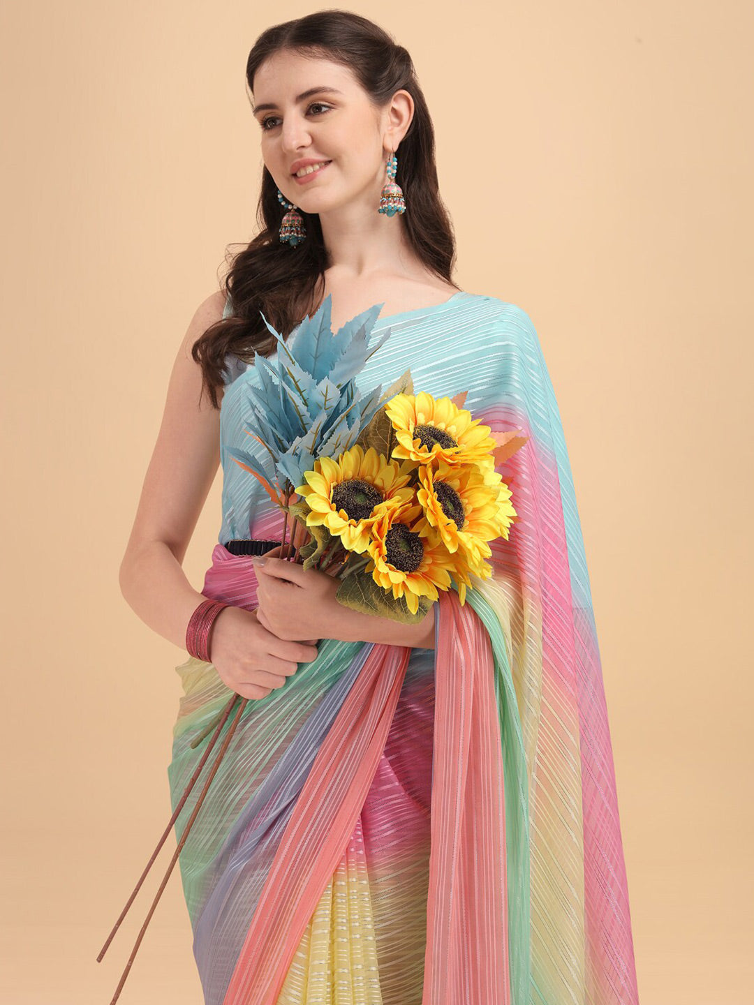 Sangria Blue & Pink Georgette Striped Zari Work Saree - Distacart