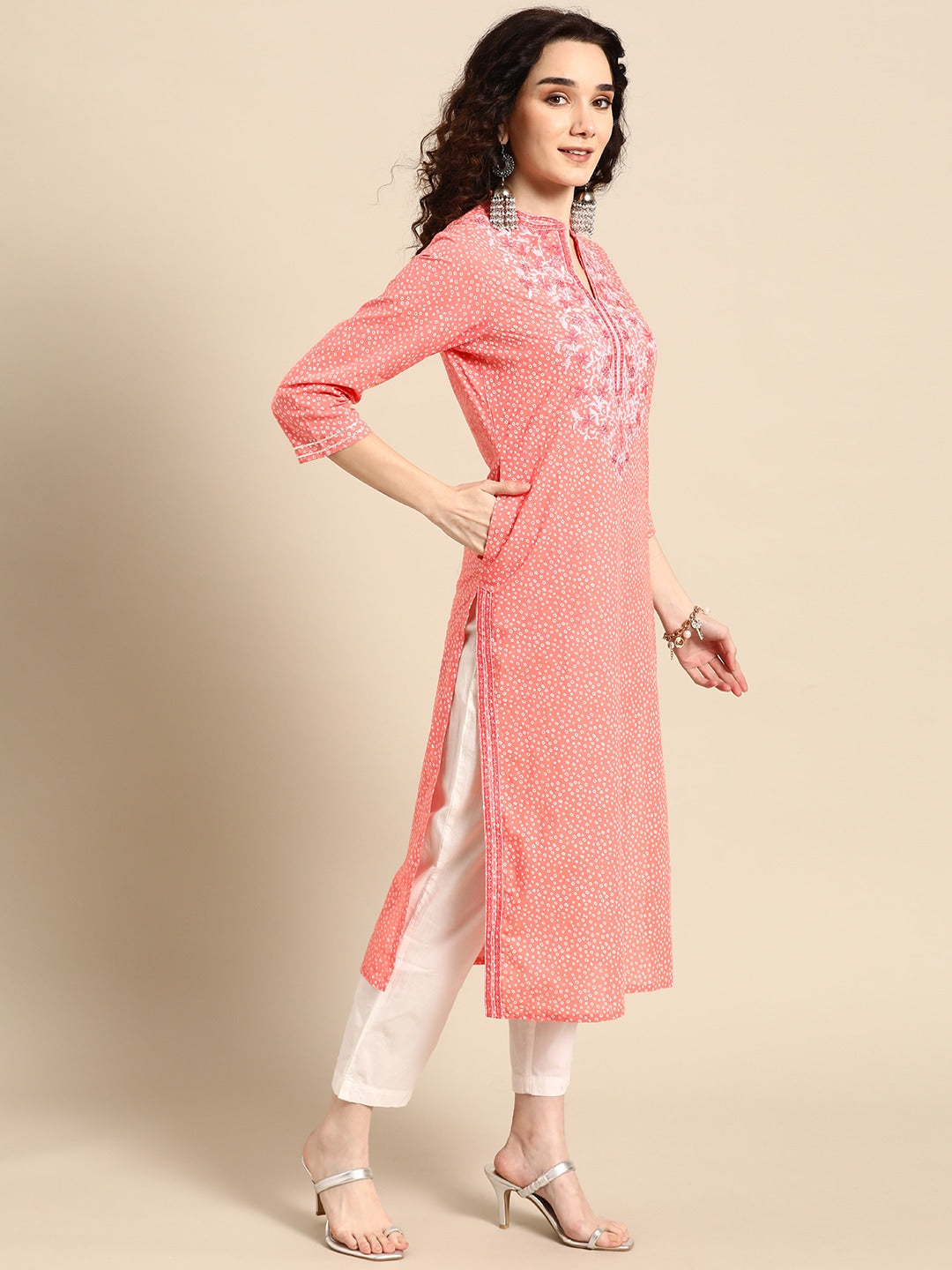 Sangria Women Pink Bandhani Printed Thread Work Pastels Kurta - Distacart