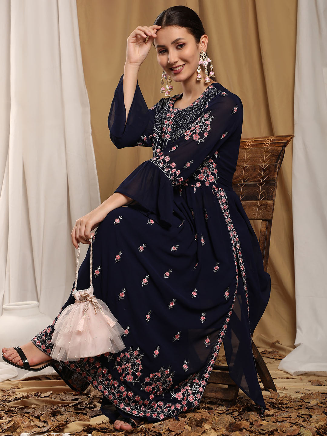Kalini Floral Embroidered Kurta With Sharara - Distacart