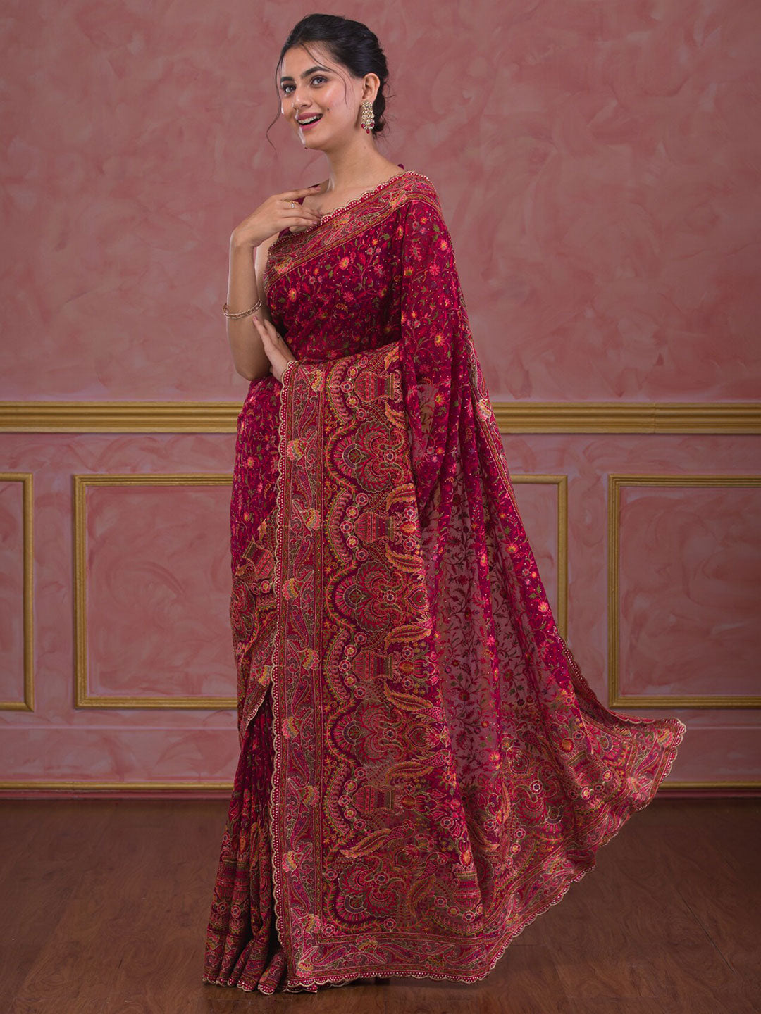 Koskii Ethnic Motifs Embroidered Poly Georgette Saree - Distacart