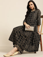 Thumbnail for Sangria Women Black & Golden Ethnic Motifs Printed Pure Cotton Kurta with Palazzos - Distacart
