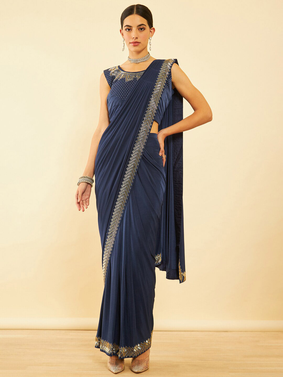 Soch Blue Beads and Stones Ready to Wear Saree - Distacart