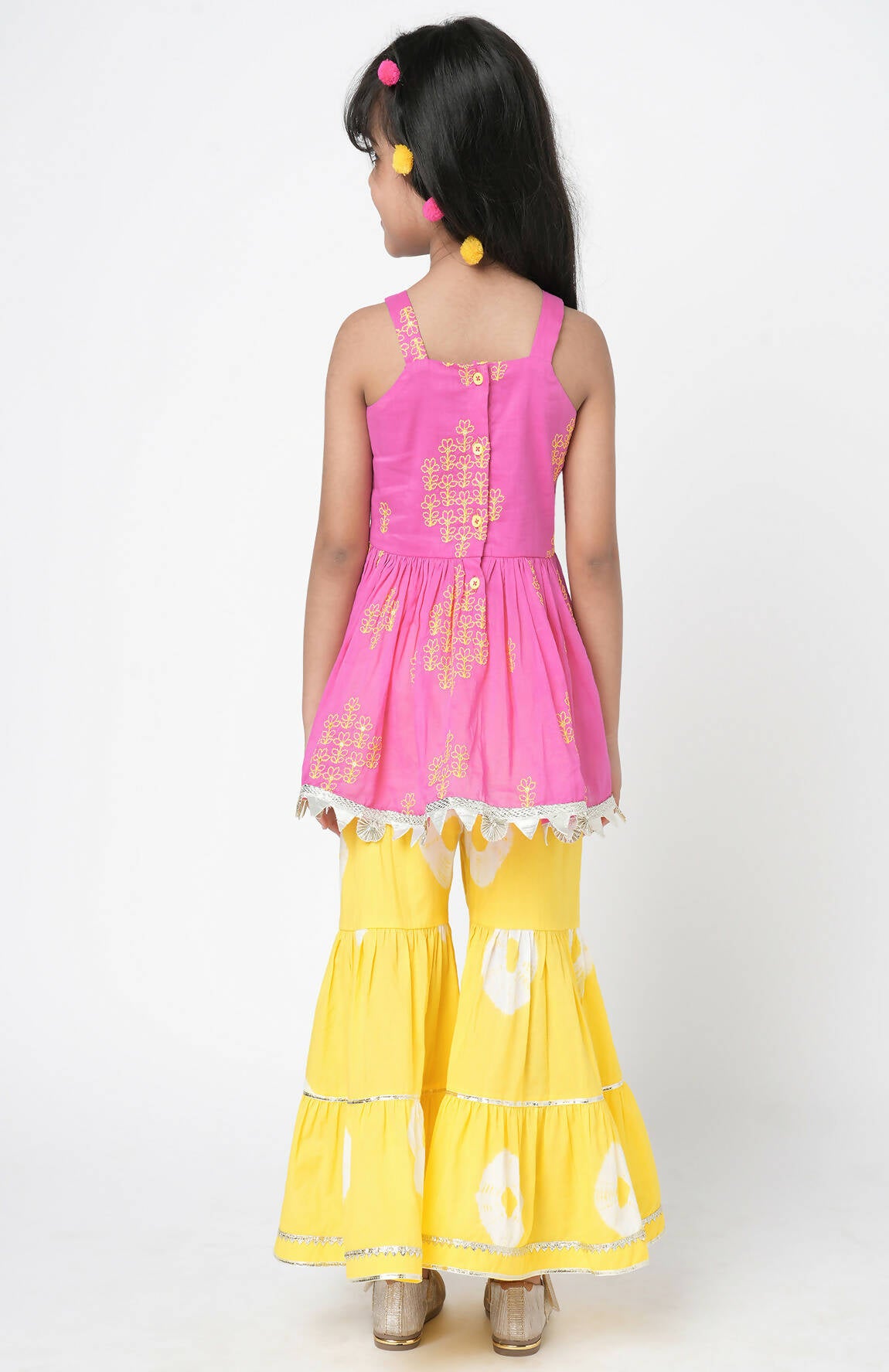 Lil Drama Marigold Magic Girls Pink Embroidered Kurta With Sharara Set - Distacart