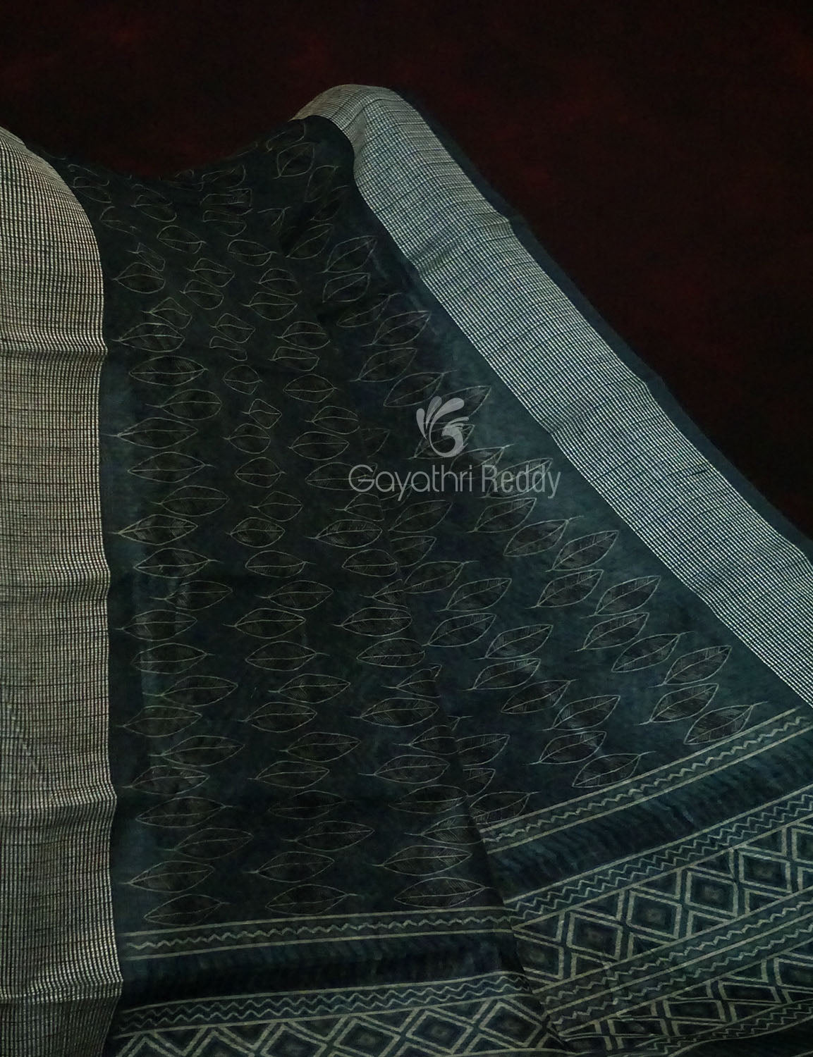 Grey Mixed Indigo Blue Colour Block Print Semi Chanderi Saree By Gayathri Reddy Designer Studio - Distacart