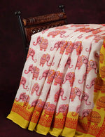 Thumbnail for White Colored Elephant Block Print Pure Mulmul Cotton By Gayathri Reddy Designer Studio - Distacart