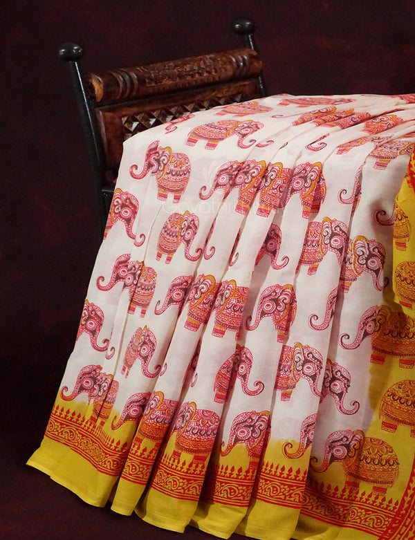 White Colored Elephant Block Print Pure Mulmul Cotton By Gayathri Reddy Designer Studio - Distacart