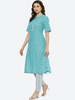 Thumbnail for Biba Women Green Printed Pleated Pure Cotton Kurti With Trousers - Distacart
