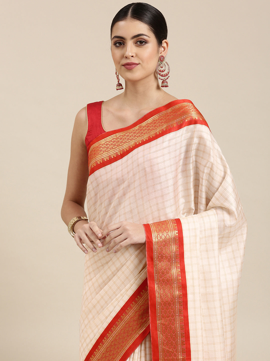 Kalini White & Red Checked Zari Silk Cotton Saree - Distacart