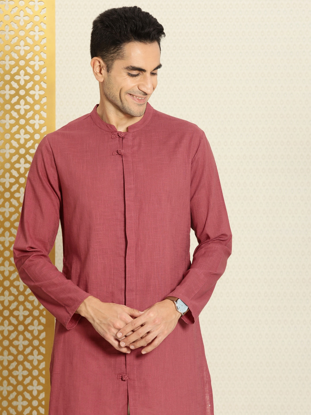 House of Pataudi Men Pure Cotton Solid Straight Mandarin Collar Rozana Kurta - Distacart