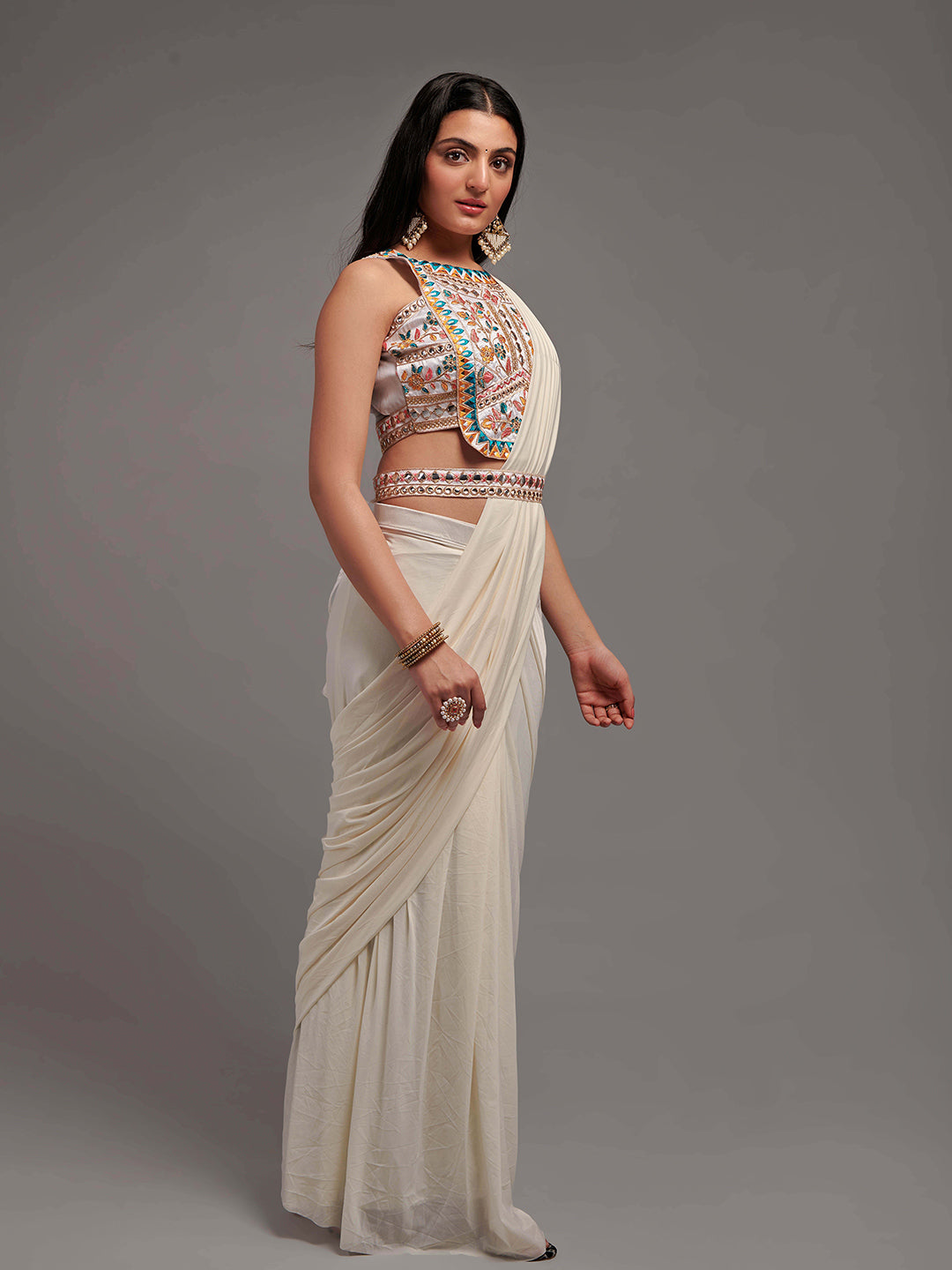 Kalini Embroidered Ready to Wear Saree With Semi Stitched Blouse - Distacart