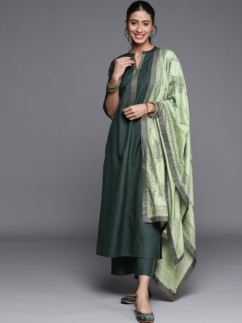 Libas Green Regular Pure Cotton Kurta with Palazzos &amp; Dupatta - Distacart