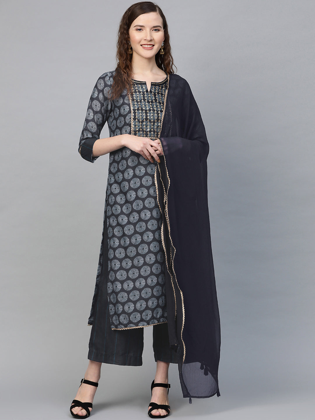 Biba Women Navy Blue & Off-White Printed Kurta with Palazzos & Dupatta - Distacart