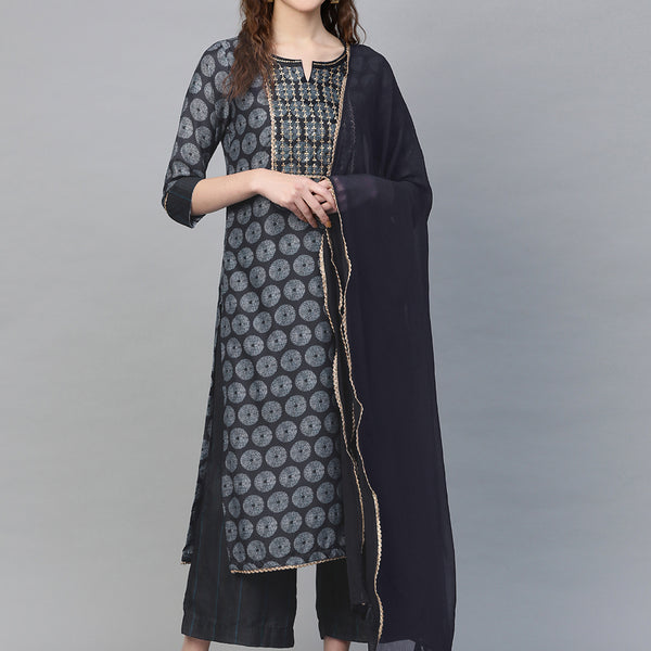 Biba Women Navy Blue & Off-White Printed Kurta with Palazzos & Dupatta - Distacart