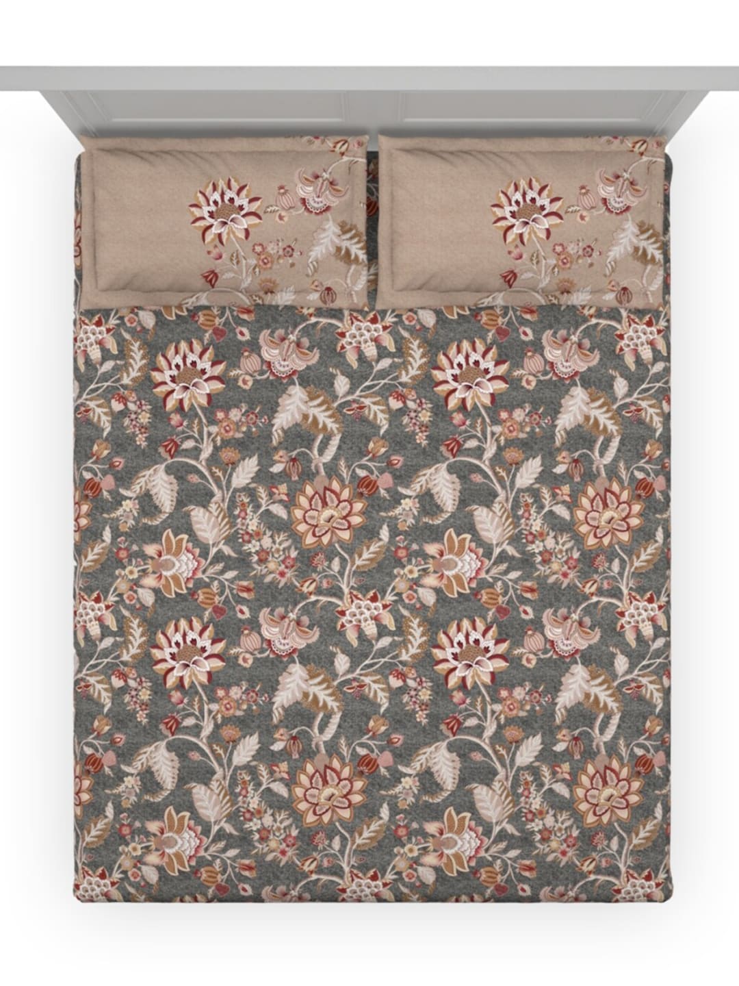 DDecor Grey & Maroon Ethnic Motifs 140 TC Cotton Queen Bedsheet with 2 Pillow Covers - Distacart