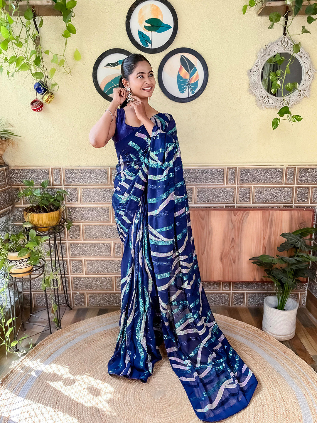 Mitera Navy Blue Sequin Embellished Saree - Distacart