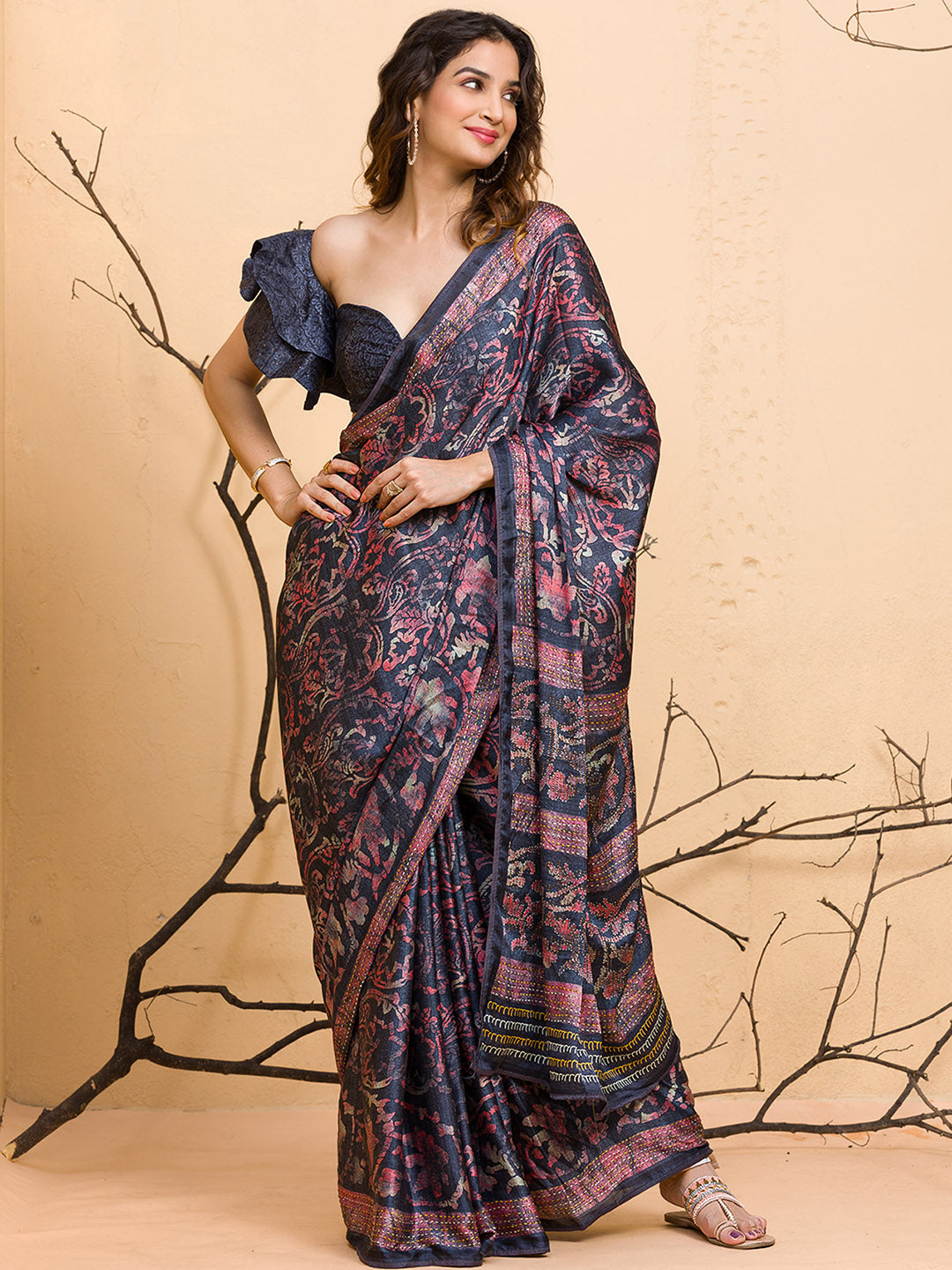Koskii Floral Printed Beads and Stones Saree - Distacart