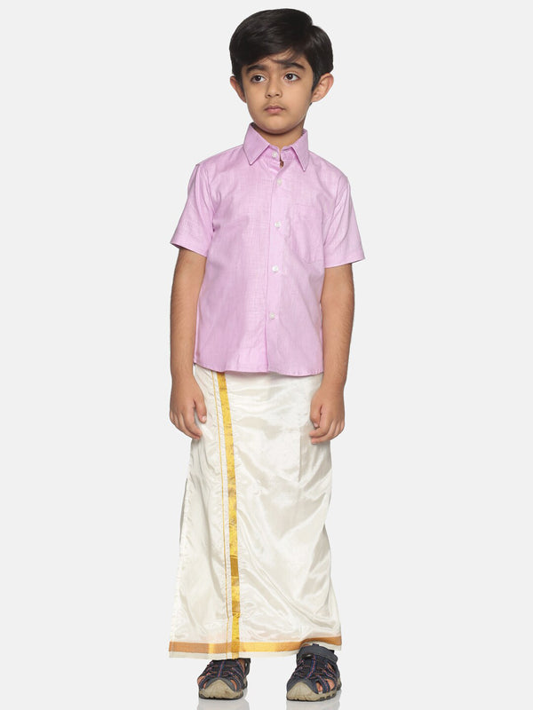 Sethukrishna Boys Pink & White Solid Shirt with Veshti Set - Distacart