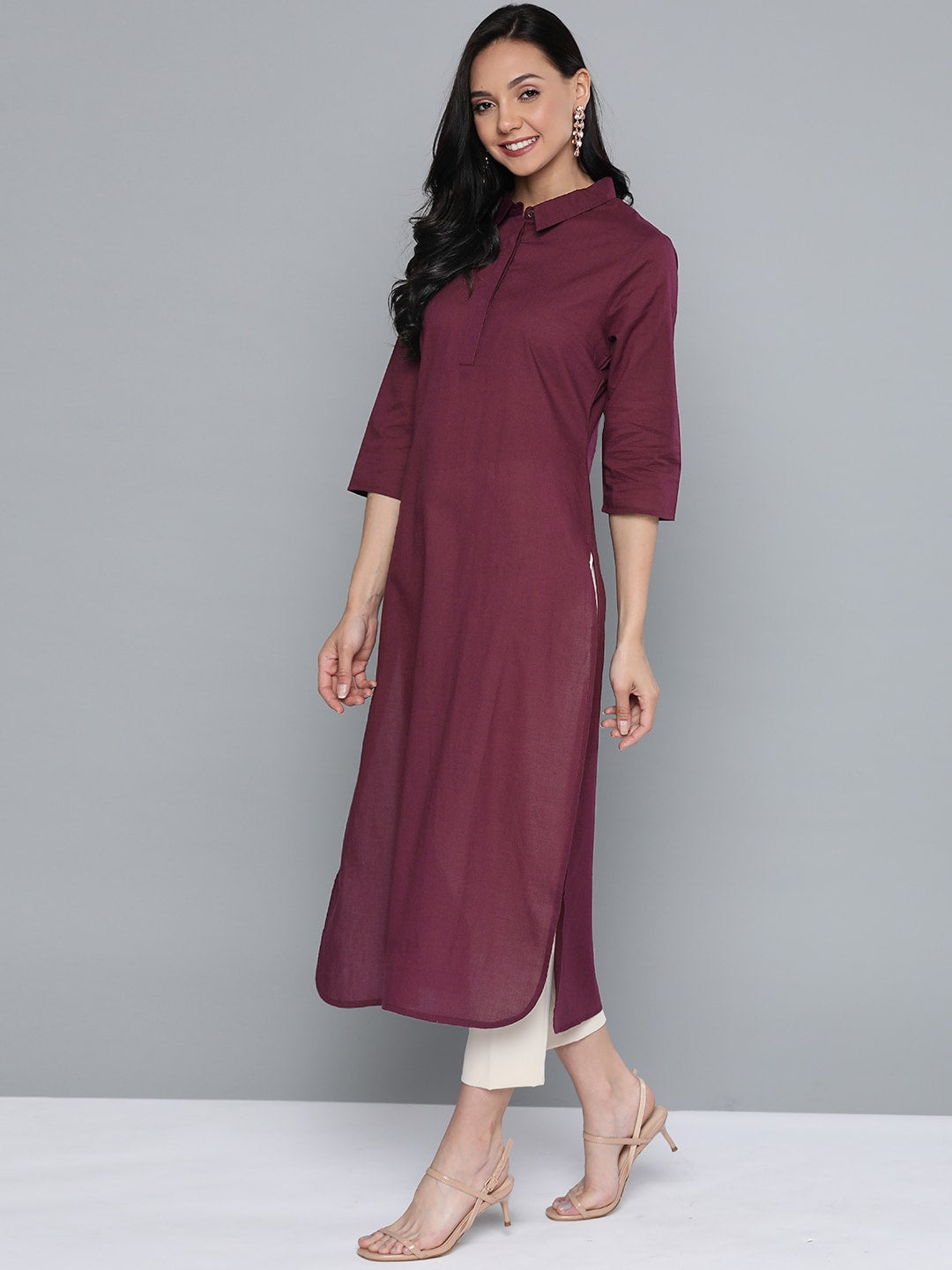 HERE&NOW Women Burgundy Cotton Solid Pathani Kurta - Distacart