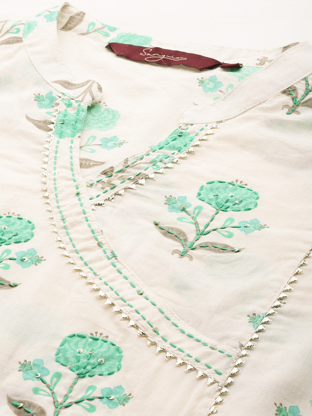 Sangria Floral Printed Angrakha Sequinned Pure Cotton Kurta With Trousers - Distacart