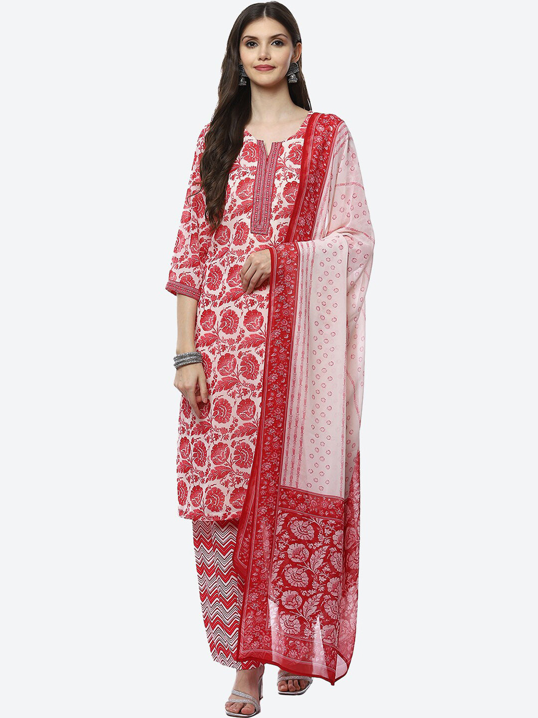 Biba Women Red Floral Printed Kurta with Trousers & With Dupatta - Distacart