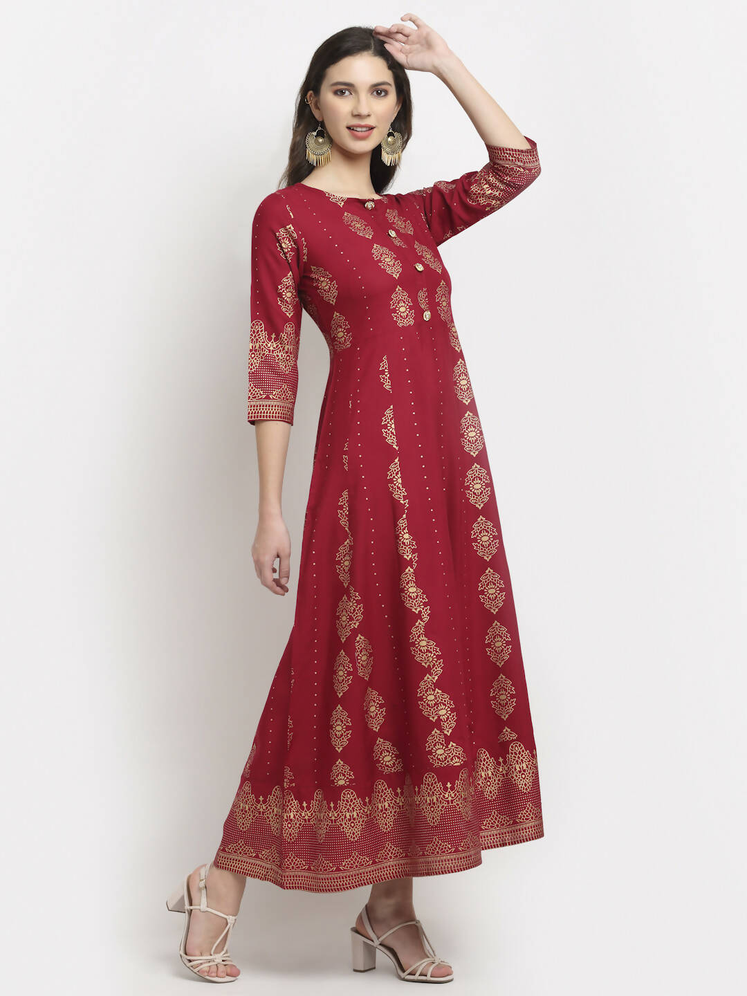 Rudra Bazaar Gold Printed Flared Anarkali Maroon kurti - Distacart