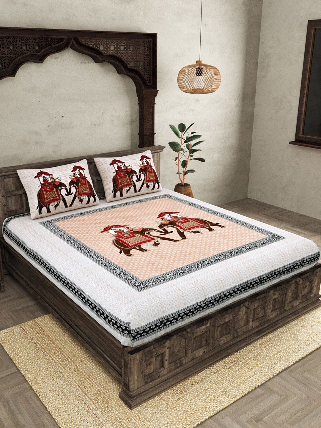 JAIPUR FABRIC Peach Ethnic Motifs Cotton 250 TC Super King Bedsheet With 2 Pillow Covers - Distacart