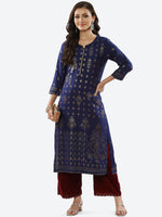 Thumbnail for Biba Women Blue Ethnic Motifs Printed Rayon Kurta - Distacart